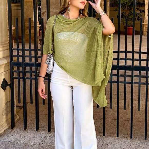 Green Elegant Women's Loose Knitted poncho Shawl sweater top - Picture 1 of 7